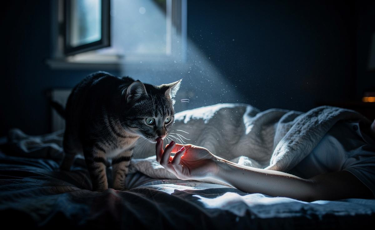 Illustration von einer Katze, die nachts unruhig vor einem Bett steht und eine schlafende Familie durch Berührung und Laute vor einem unsichtbaren Gasleck warnt.