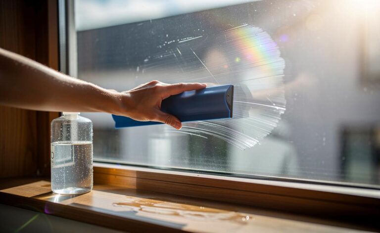 Illustration von einer Hand, die mit einem Gummilippenabzieher ein streifenfreies Fenster putzt, daneben eine Flasche Geschirrspülmittel.