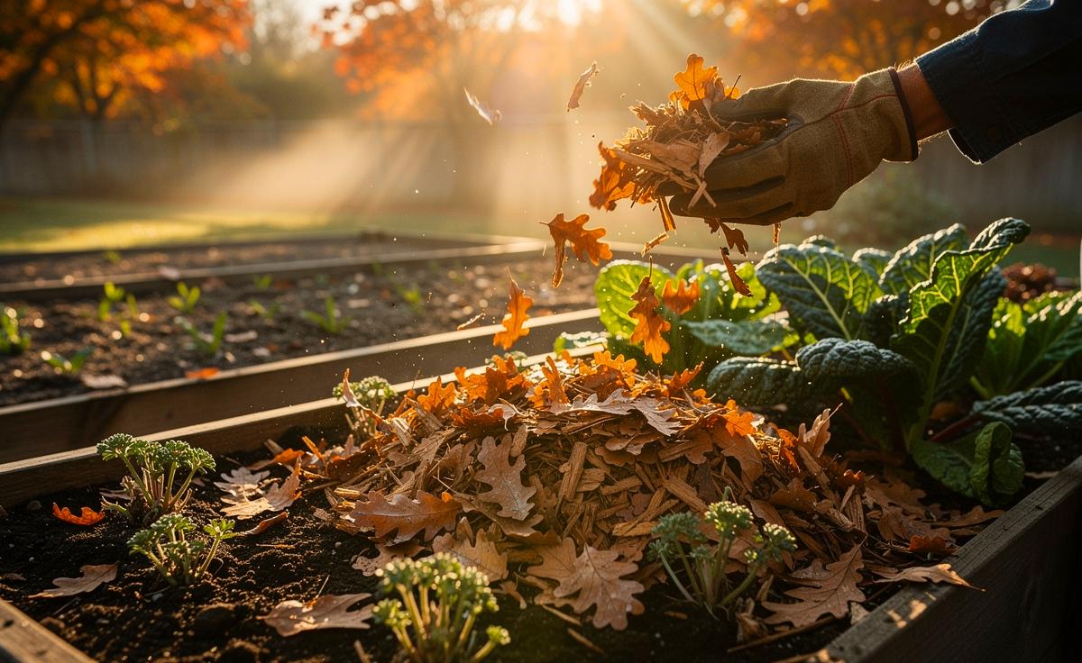 Illustration von Laubmulch im Herbst auf Gartenbeeten zur Förderung gesunder Beete und zur Unkrautreduzierung im Frühjahr