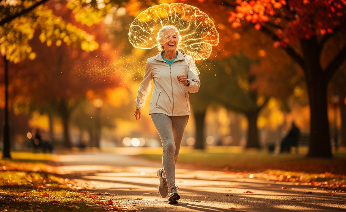 Illustration von einer älteren Person, die zügig und mit einem Lächeln an der frischen Luft spazieren geht, während im Hintergrund stilisierte Neuronen und synaptische Verbindungen aufleuchten.