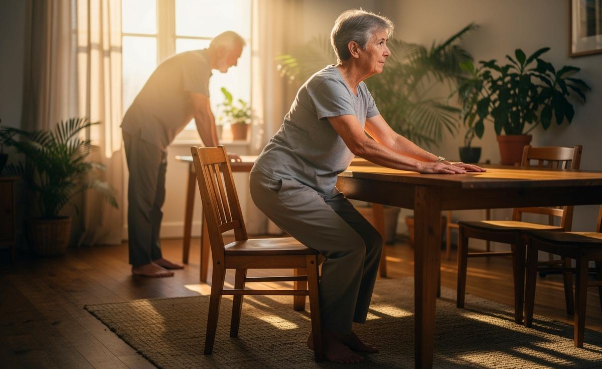 Illustration von zwei physiotherapeutisch empfohlenen Übungen für Menschen ab 60 Jahren: Stuhl-Aufstehen und Tisch-Katzen-Kamel an der Tischkante zur Förderung von Kraft, Gleichgewicht und Beweglichkeit