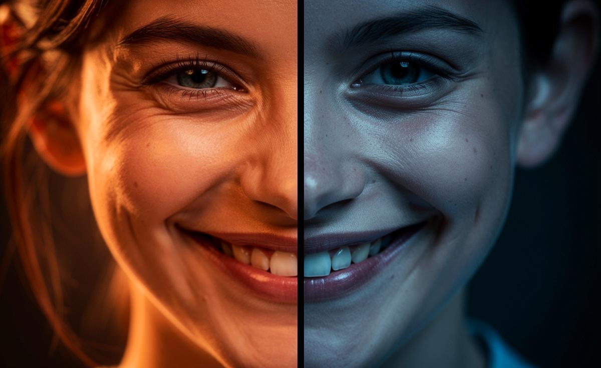 Illustration von zwei kontrastierenden Gesichtern: eines mit einem echten, die Augenpartie einbeziehenden Duchenne-Lächeln und Krähenfüßen, daneben ein Gesicht mit einem starren, nur den Mund betreffenden unehrlichen Lächeln.