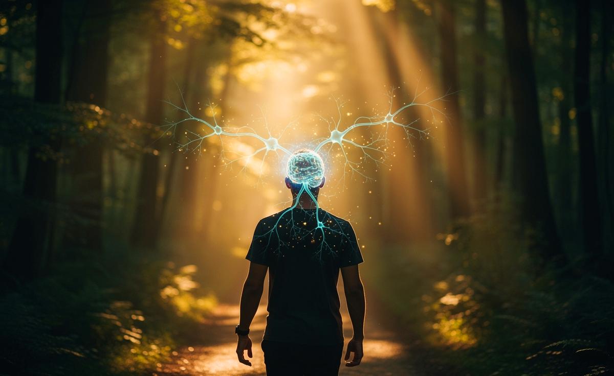 Illustration von einer Person, die achtsam und entspannt in einem Park spaziert, umgeben von grüner Natur, während ihr Gehirn als schematische, leuchtende Vernetzung dargestellt wird, die Wachstum und Aktivität symbolisiert.