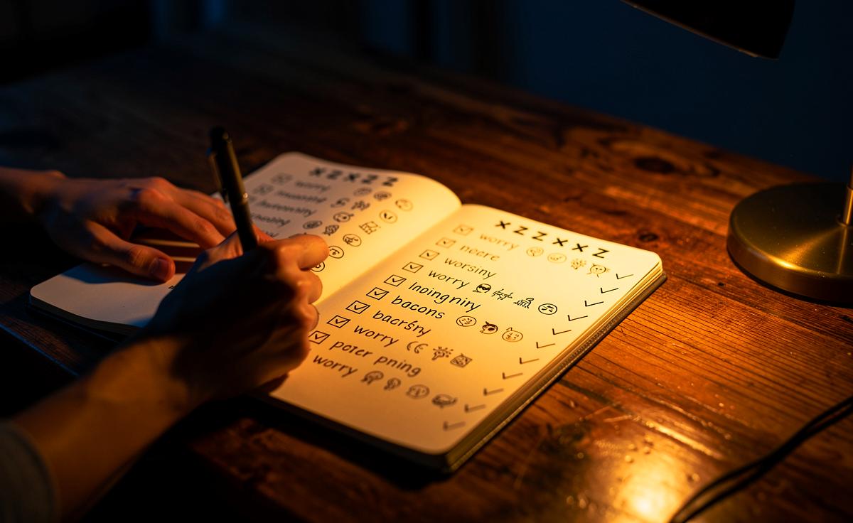 Illustration von einer Person, die abends mit Stift und Notizbuch am Tisch sitzt und ihr Gedankenkarussell aufschreibt, um zur Ruhe zu finden.