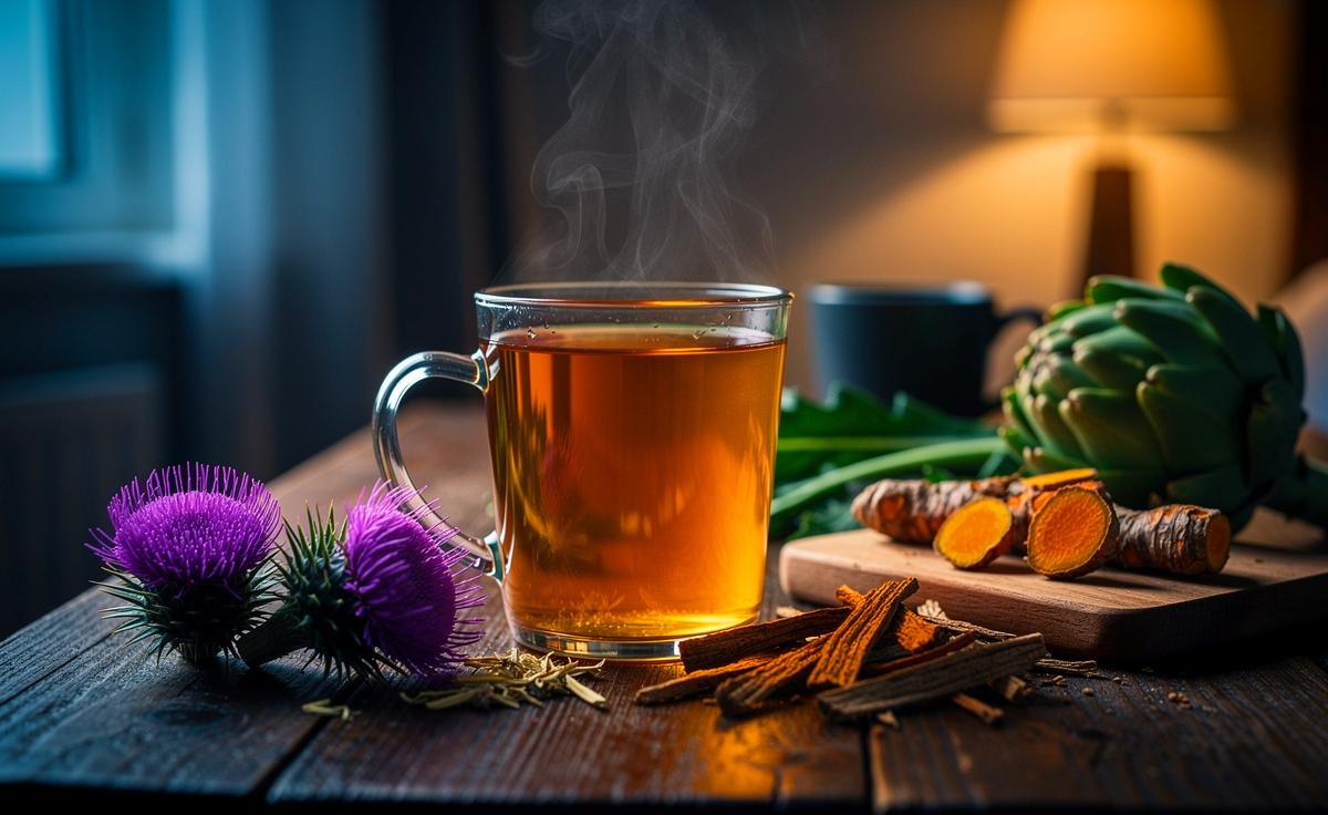 Illustration von einem Glas bitterstoffreichen Kräutertees am Abend, das die Leberfunktion fördert und eine koffeinfreie Alternative zu Kaffee bietet