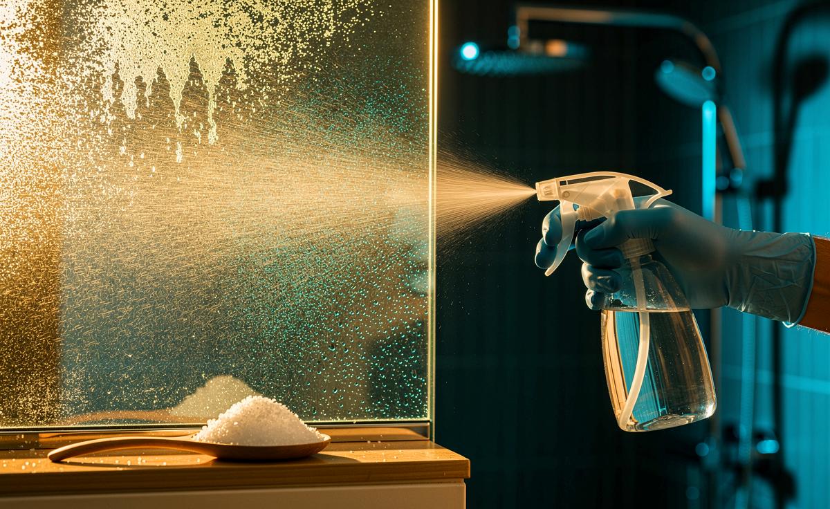 Illustration von der Anwendung eines Löffels Zitronensäure als Sprühlösung auf Duschglas zur schnellen Kalkentfernung ohne Schrubben