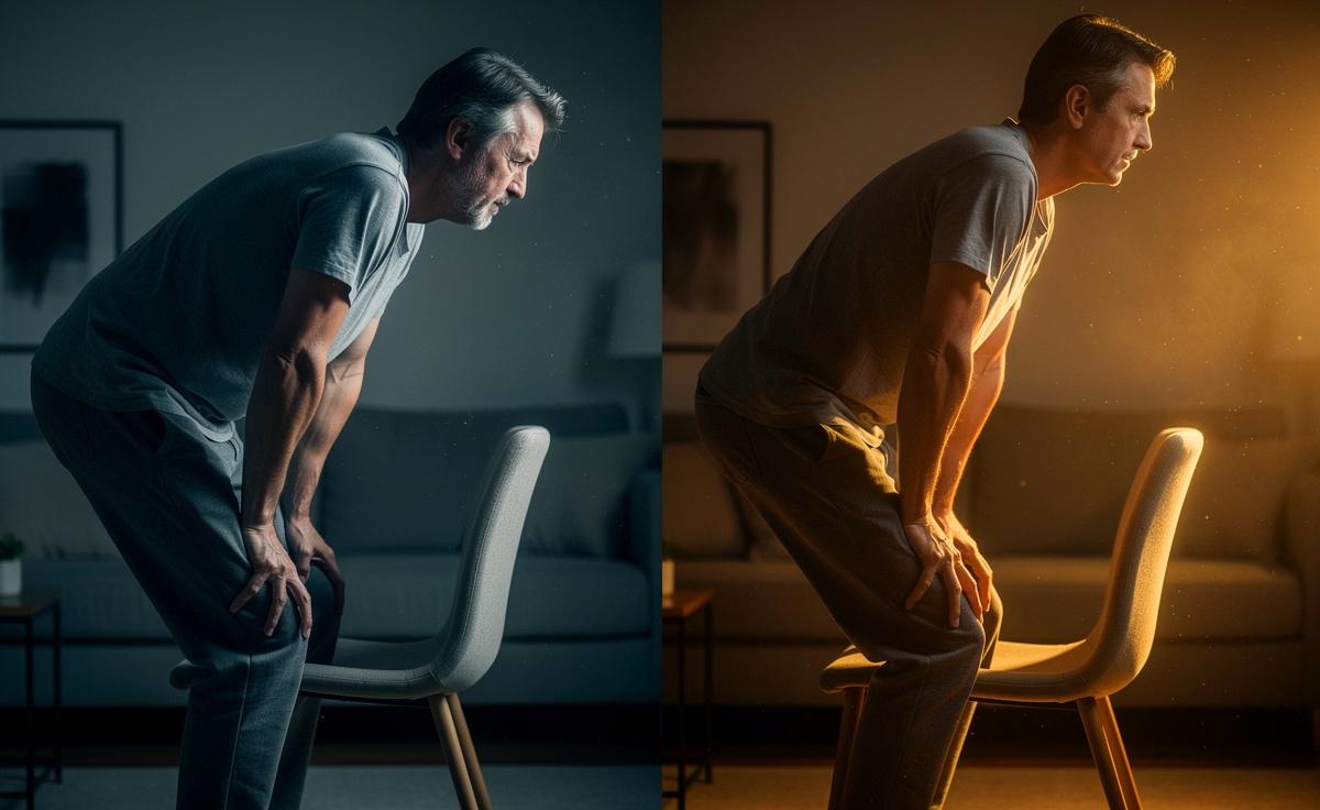 Illustration von einer Person, die sich falsch mit Schwung und gestützt auf die Oberschenkel von einem Stuhl erhebt, während eine zweite Person daneben die korrekte, gelenkschonende Aufstehtechnik mit aktivem Einsatz der Beinmuskulatur demonstriert.