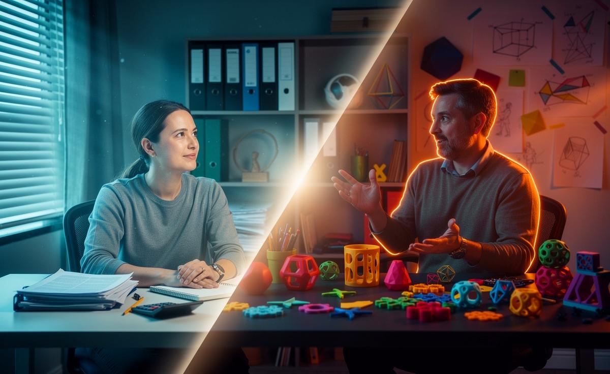 Illustration von zwei psychologischen Menschentypen: stabilitätsorientiert und neuheitssuchend