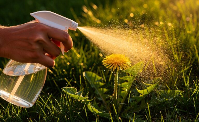 Illustration von einer Hand, die mit einer Sprühflasche gezielt Löwenzahn in einem grünen Rasen besprüht
