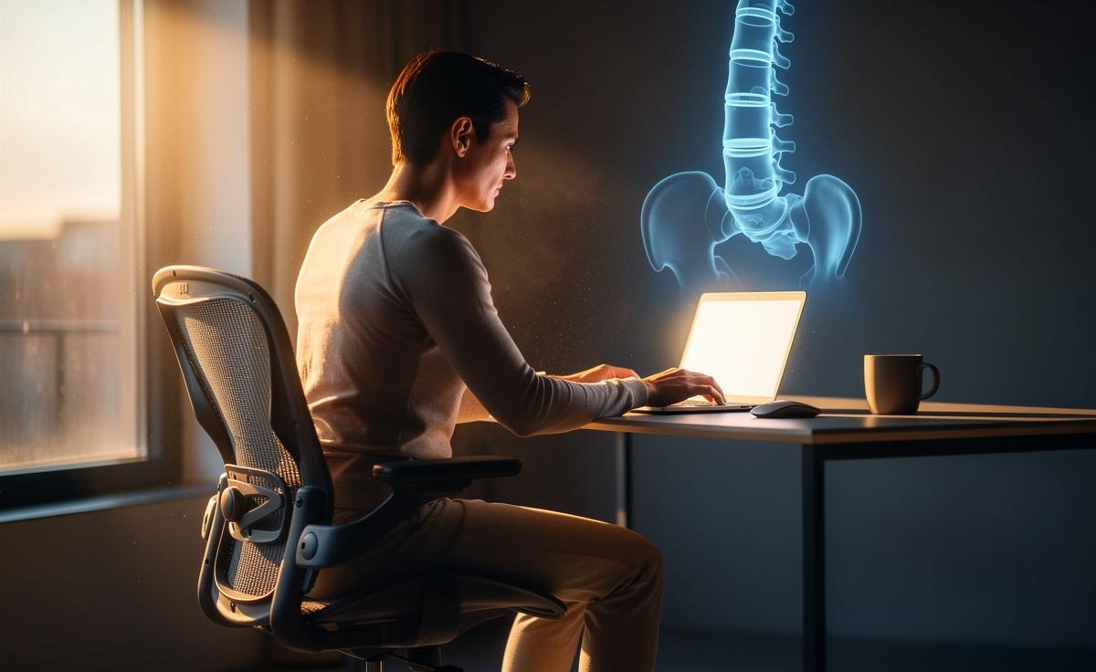 Illustration von einer Person, die in einer dynamischen, aufrechten Sitzhaltung mit aktiviertem Becken vor einem Laptop arbeitet, während im Hintergrund eine stilisierte, gesunde Wirbelsäule zu sehen ist.
