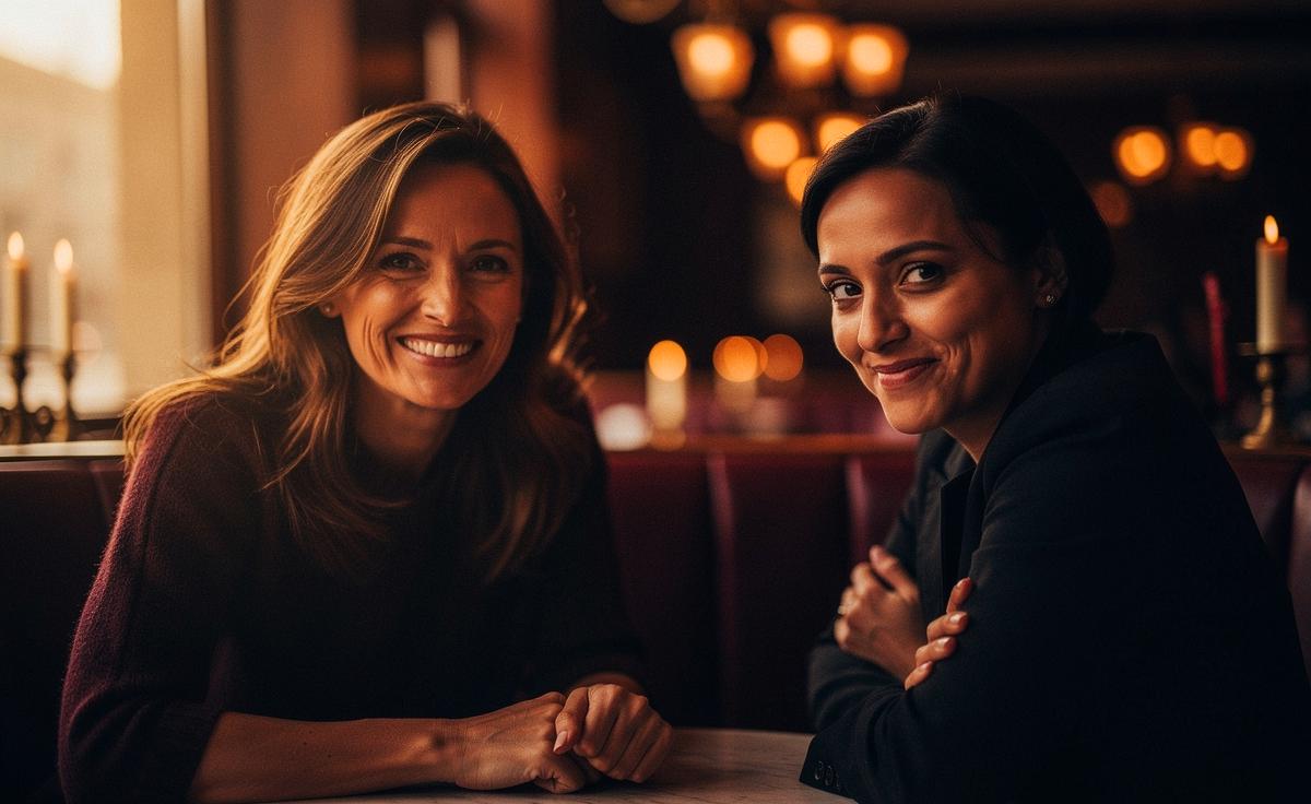 Illustration von zwei Personen, deren Körpersprache und Mimik im Kontrast zueinander stehen: Während die eine Person ein aufrichtiges, augenlachendes Lächeln zeigt, wirkt das Lächeln der anderen Person künstlich und die Augen bleiben distanziert.