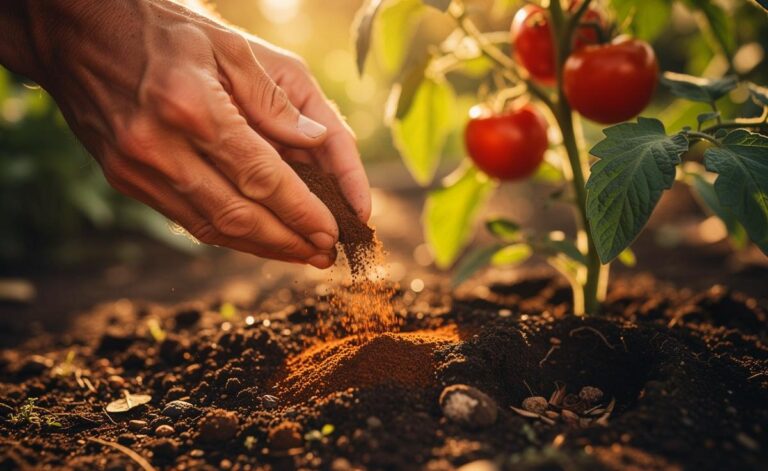 Illustration von getrocknetem Kaffeesatz, der als Dünger um eine üppige Tomatenpflanze herum in die Erde eingearbeitet wird.