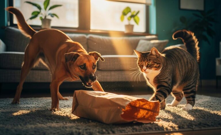 Illustration von Süßer Tiermoment: Katze und Hund – der lustige Auslöser
