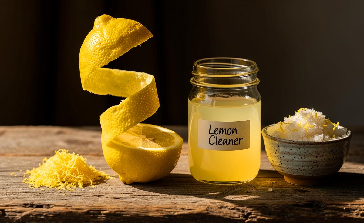 Illustration von einer aufgeschnittenen Zitrone, deren Schale in vielfältige nützliche Produkte wie Reinigungsmittel, Gewürze und Körperpflegeartikel verwandelt wird.