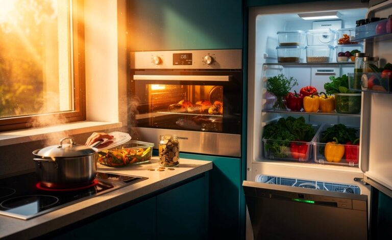 Illustration von [Küchen-Hacks, die monatlich 30 Euro sparen: energieeffizientes Kochen, kreative Resteverwertung, systematisches Einkaufen und richtige Vorratshaltung]