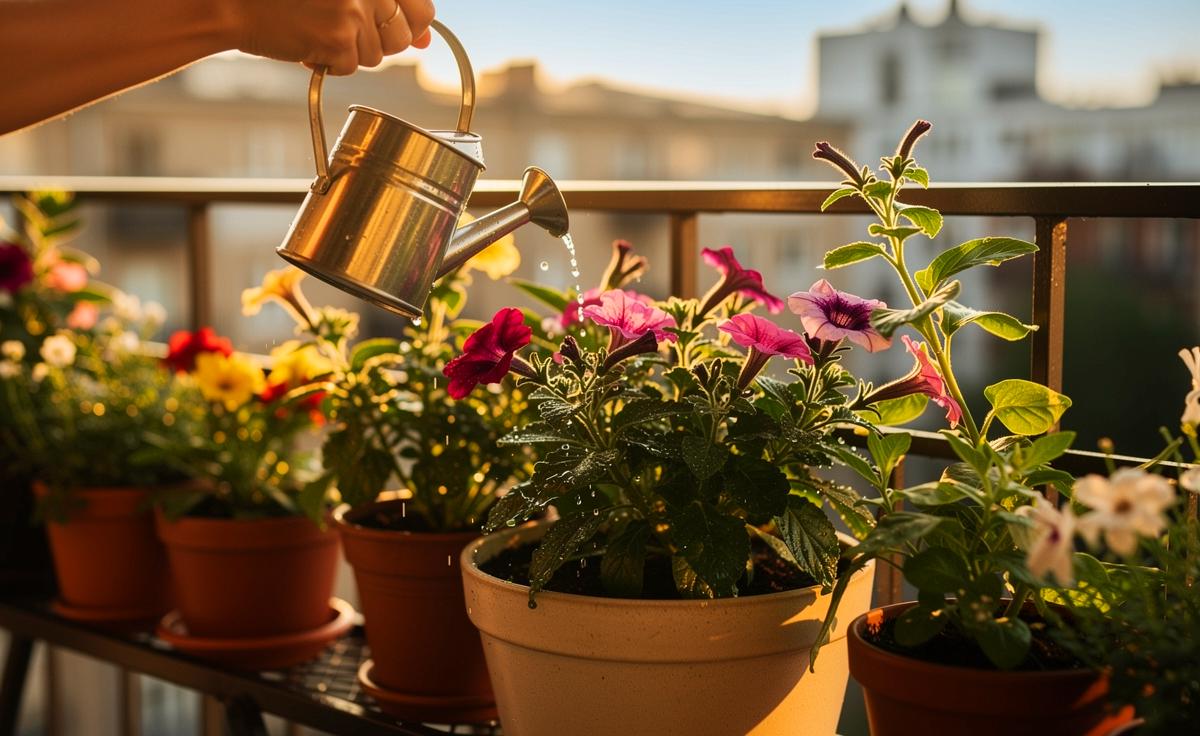 Illustration von einer üppigen, gesunden Balkonpflanze in einem großen Kübel, die morgens mit einer Gießkanne bewässert wird, während im Hintergrund die heiße Sommersonne aufgeht.