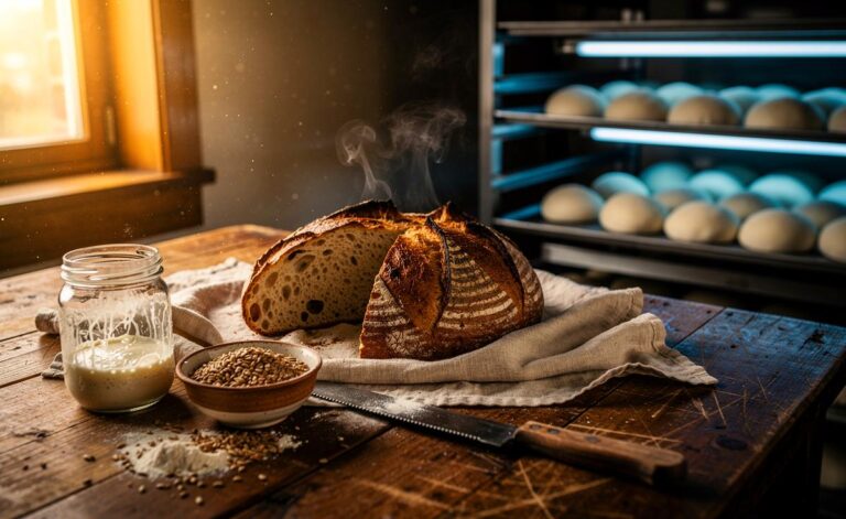 Illustration von traditionellen Brotrezepten mit Sauerteig und langer Teigruhe als gesündere Alternative zu Frischebackwaren