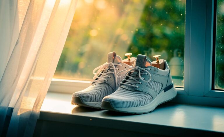 Illustration von regelmäßig gelüfteten Schuhen im Sommer auf einer Fensterbank mit geöffneter Lasche, Luftzirkulation und indirektem Sonnenlicht zur Reduktion von Schweißgerüchen