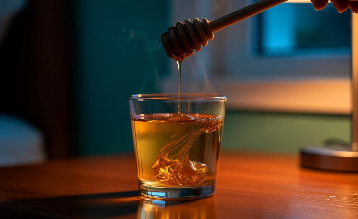Illustration von einem Glas lauwarmem Wasser mit Honig am Abend zur sanften, natürlichen Verdauungsunterstützung
