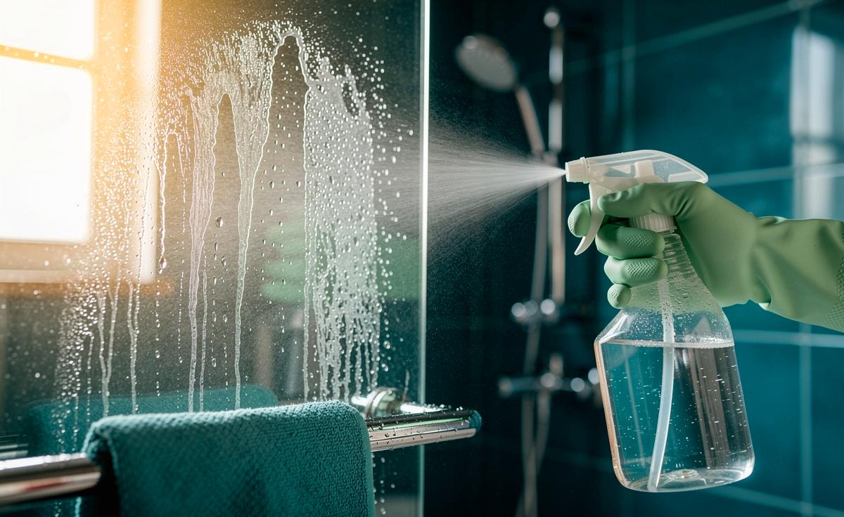 Illustration von Essig-Trick gegen Kalkflecken im Bad: Sprühflasche mit Essiglösung auf Glasduschwand, gelöste Kalkablagerungen, glänzende Armaturen
