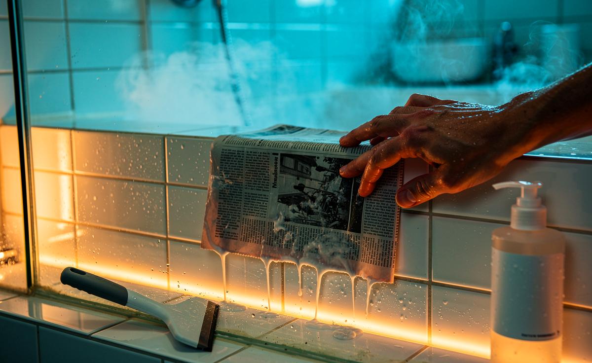 Illustration von feuchtem Zeitungspapier in der Dusche zur Schimmelprävention