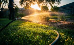 Illustration von frühmorgentlichem Gießen des Rasens bei Hitze durch einen Gärtner als Morgenritual