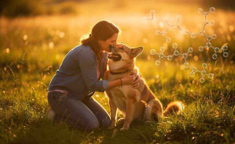 Illustration von einem Menschen, der glücklich mit seinem Hund auf einer Wiese kuschelt, umgeben von herzförmigen Symbolen und stilisierte chemischen Formeln für Oxytocin.