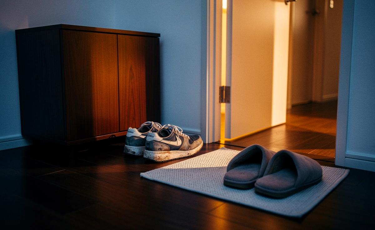 Illustration von ordentlich aufgereihten Hausschuhen neben einer leeren Fußmatte im Flur, während ein Paar Straßenschuhe in einem geschlossenen Schrank verstaut ist.