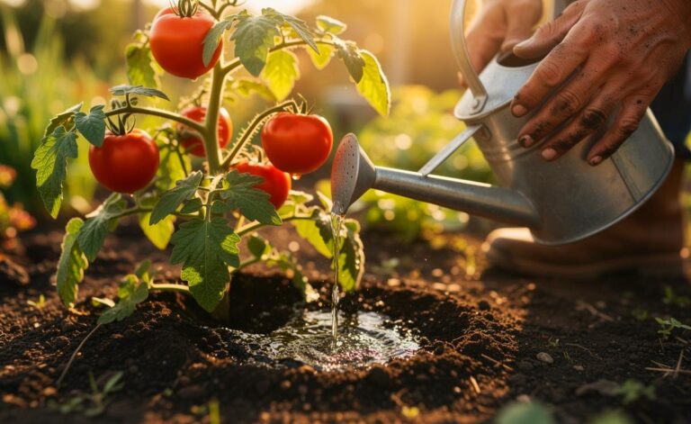 Illustration von einer Gießkanne, die Wasser gezielt an die Basis einer Tomatenpflanze gießt, während die Blätter und Früchte darüber trocken und gesund bleiben.