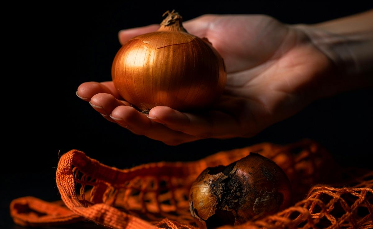 Illustration von einer Hand, die eine lose, feste Zwiebel hält, während im Hintergrund ein durchsichtiges Netz mit einer fauligen Zwiebel darin liegt.