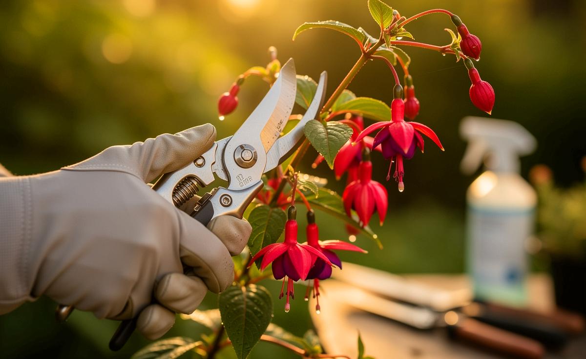 Illustration von dem fachgerechten Rückschnitt einer Fuchsie im Frühjahr mit sauberer Bypass-Gartenschere für buschigen Wuchs und reiche Blüte