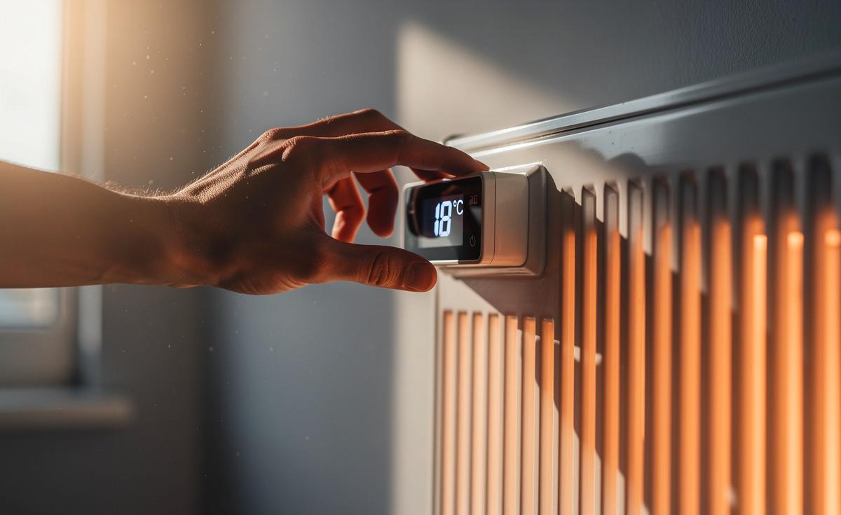 Illustration von einer Hand, die ein programmierbares Thermostatventil an einem freistehenden Heizkörper bedient, während im Hintergrund ein Haus mit niedrigeren Energiekosten symbolisiert wird.