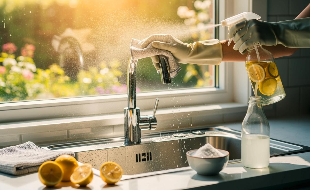 Illustration von Frühjahrsputz mit Essig in Küche, Bad und an Fenstern