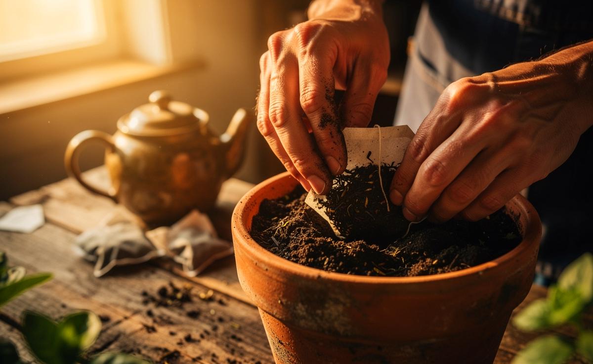 Illustration von einem Gärtner, der alte Teebeutel in die Erde eines Blumentopfs einarbeitet, während weitere getrocknete Beutel und eine Teekanne danebenstehen.