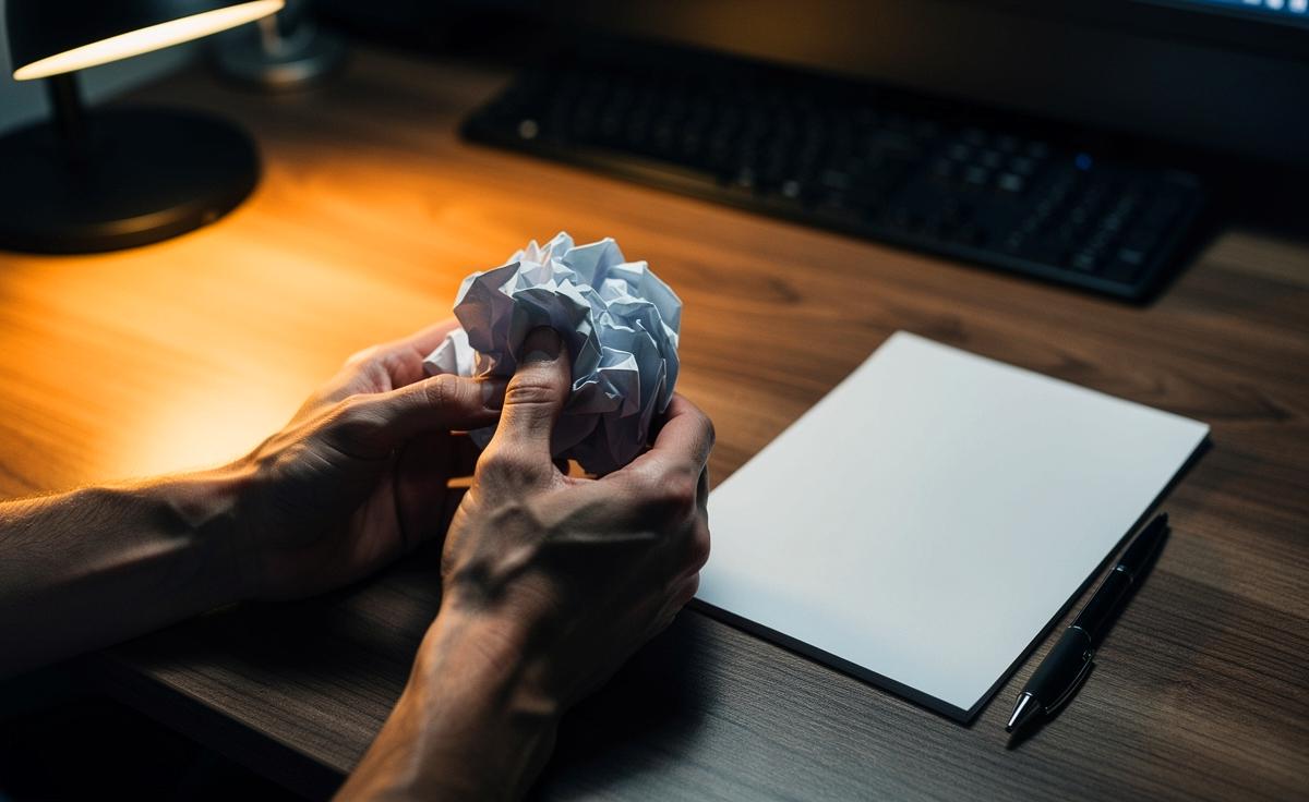 Illustration von einer Büroangestellten, die ein Blatt Papier zu einer Kugel knittert, bevor sie Notizen auf dem daneben liegenden, geglätteten Blatt macht.