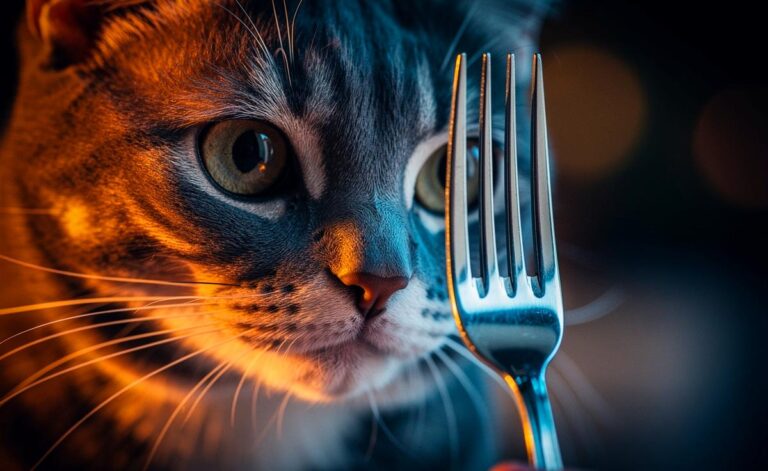 Illustration einer neugierigen Katze, die fasziniert die Zinken einer silbernen Gabel fixiert, während sie sich langsam darauf zubewegt.