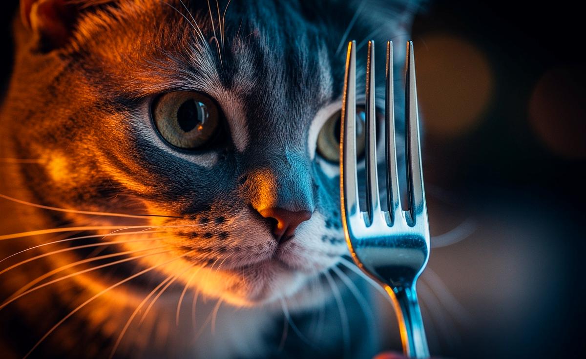 Illustration einer neugierigen Katze, die fasziniert die Zinken einer silbernen Gabel fixiert, während sie sich langsam darauf zubewegt.