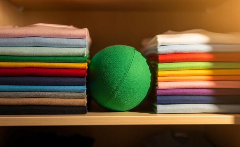 Illustration von einem geöffneten Kleiderschrank mit ordentlich gefalteten Stoffstapeln, zwischen denen ein grüner Stoffball als stabilisierende Barriere liegt.