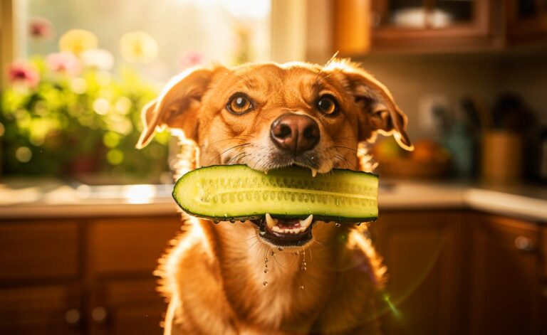Illustration von einem glücklichen Hund, der mit einem Stück Gurke im Maul vor einem Trainer sitzt.