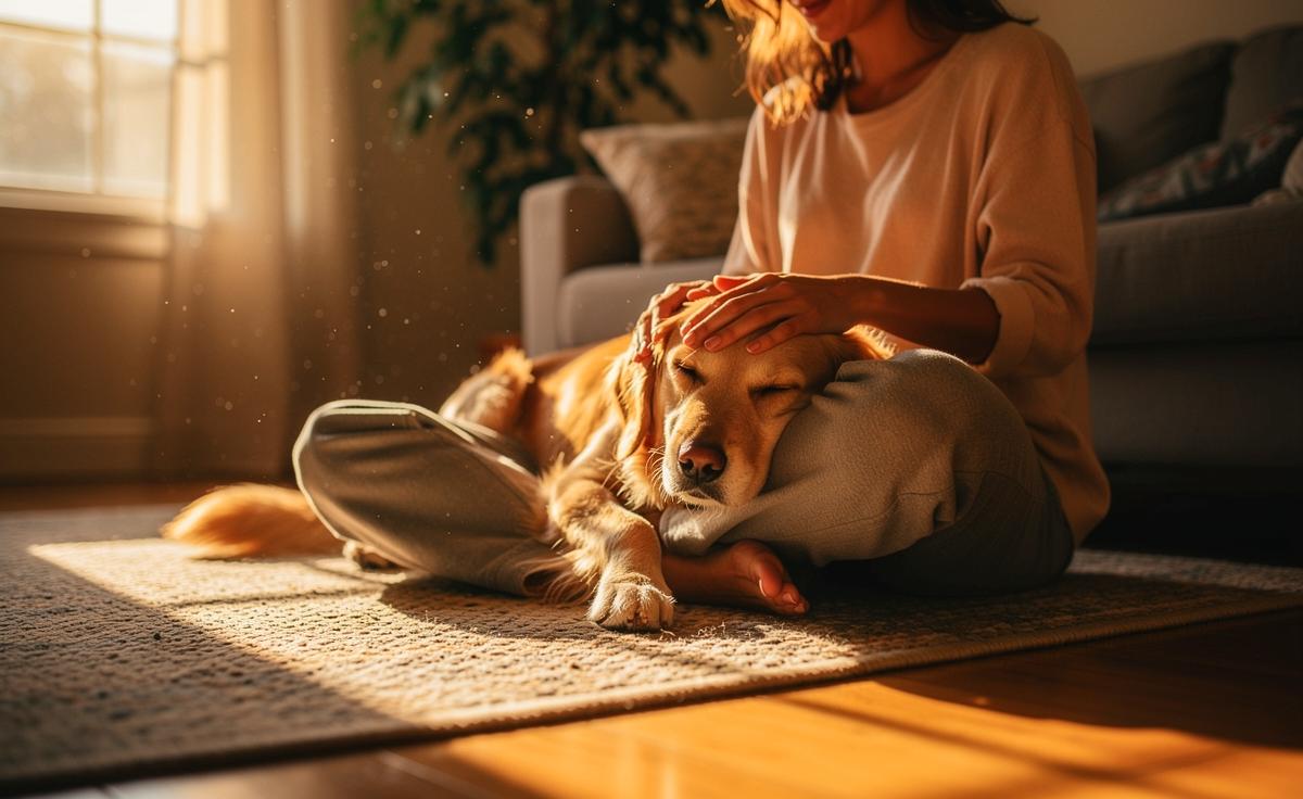 Illustration von einem Hundebesitzer, der morgens auf dem Boden sitzend ruhigen Kontakt mit seinem vor ihm sitzenden Hund hält, während im Hintergrund die Sonne aufgeht.