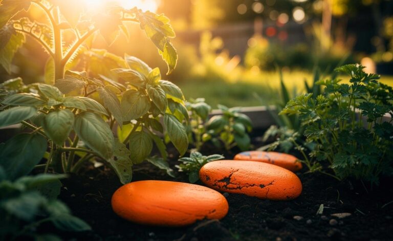 Illustration von mehreren orange bemalten Steinen, die zwischen grünen Pflanzen in einem Beet und in Töpfen auf einer Terrasse verteilt sind.