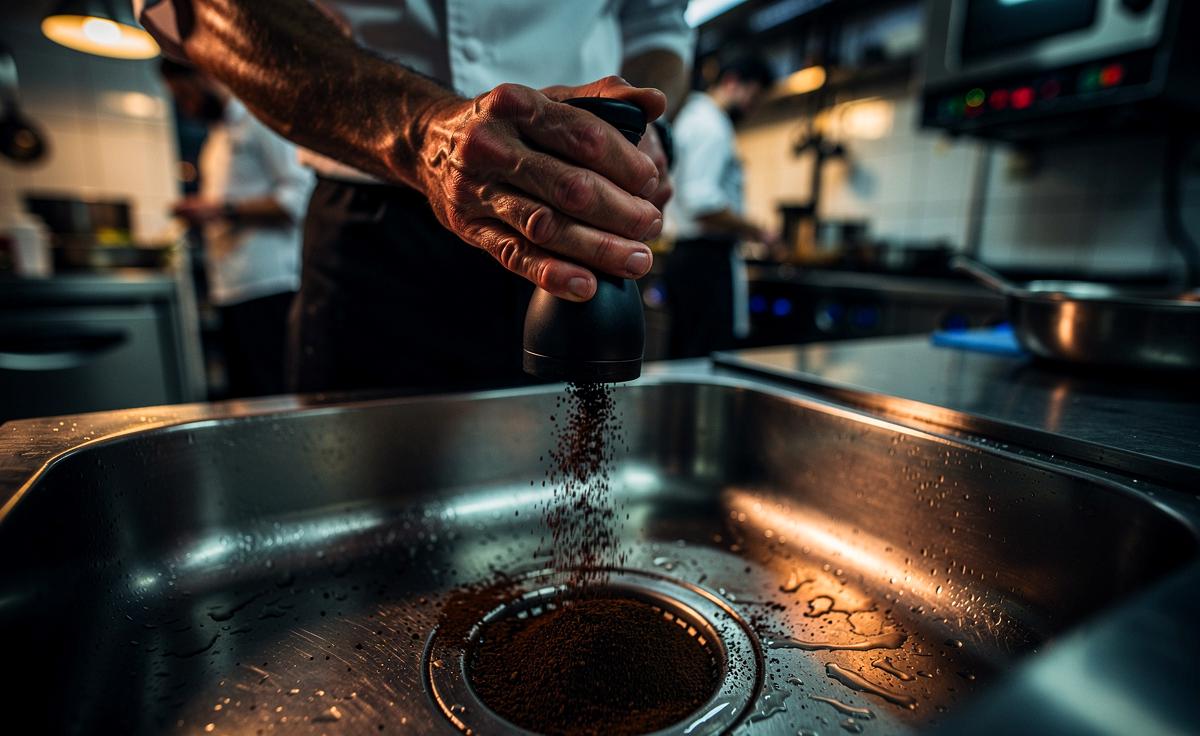 Illustration von einer professionellen Küchenhand, die in einem Spülbecken Kaffeebohnen in einer Handmühle mahlt, während im Hintergrund die Hektik einer Restaurantküche zu erahnen ist.