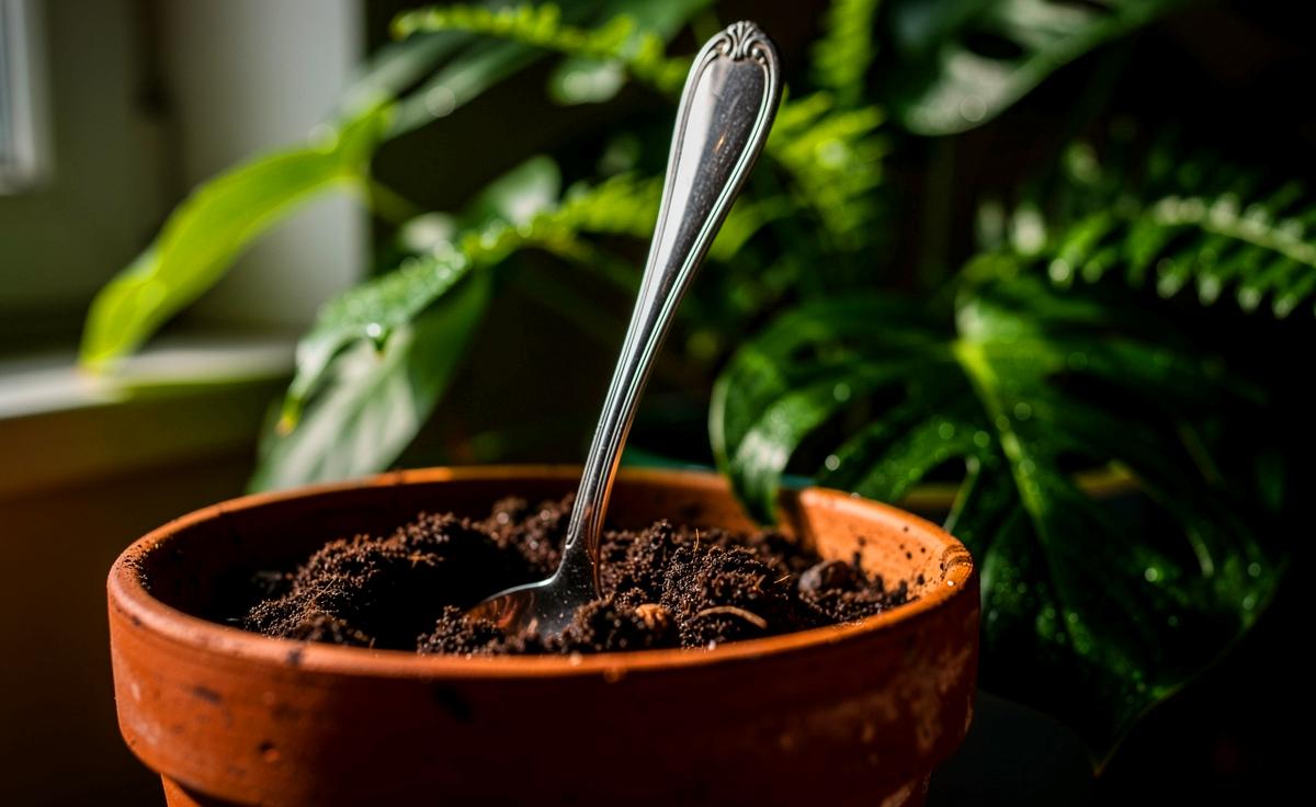 Illustration von einem silbernen Löffel, der in der Erde eines Blumentopfs mit einer grünen Zimmerpflanze steckt.