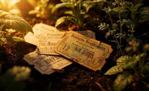 Illustration von historischen Fahrkarten, die kunstvoll zwischen Blumen und Pflanzen in einem Garten arrangiert sind.