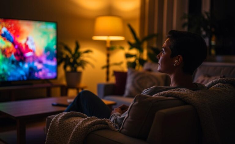 Illustration von einer Person, die mit Ohrstöpseln auf der Couch entspannt fernsieht, während im Hintergrund ein Fernseher läuft.