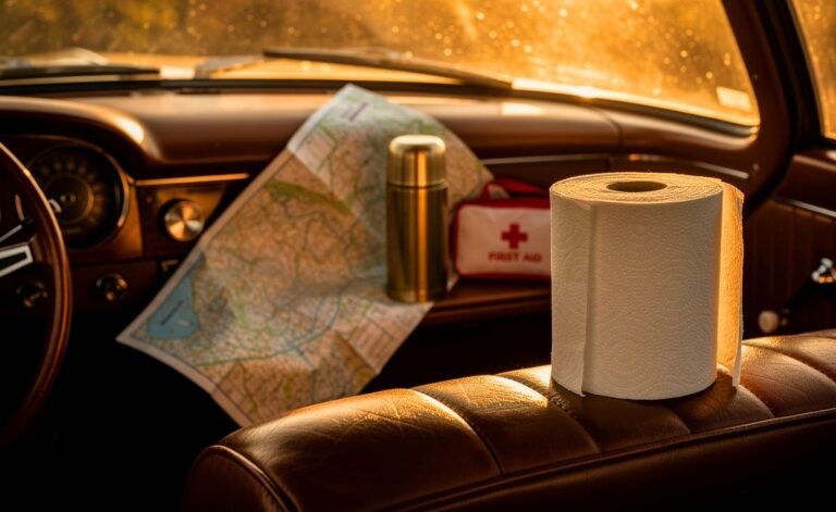 Illustration von einer geöffneten Klopapierrolle im Auto, umgeben von typischen Reiseutensilien wie einer Landkarte, einem Erste-Hilfe-Kasten und Werkzeug, die ihre vielfältigen Einsatzmöglichkeiten symbolisieren.