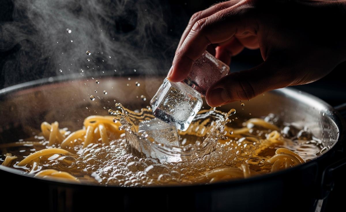 Illustration von Eiswürfeln, die in einen Topf mit sprudelnd kochenden Nudeln fallen, während eine Hand sie hineinwirft.