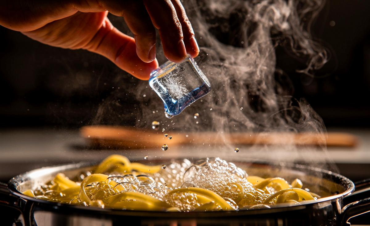 Illustration von Eiswürfeln, die in einen Topf mit kochenden Nudeln fallen und dabei Dampf und Wasser spritzen.