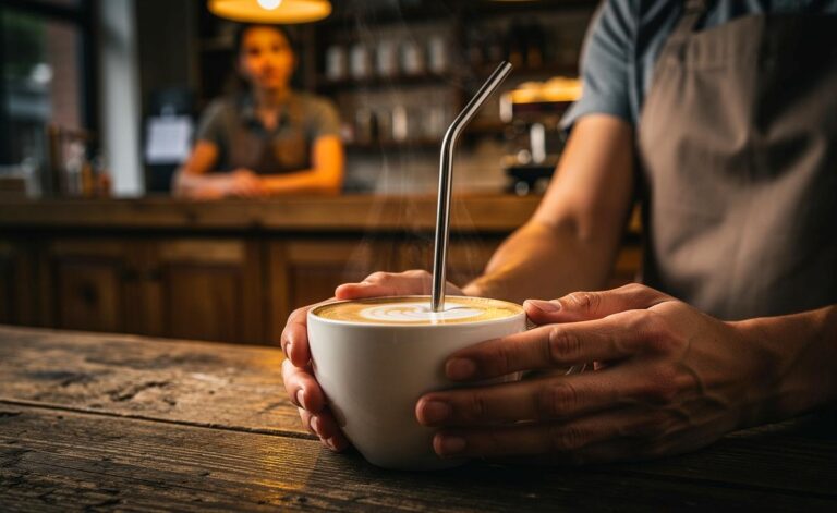Illustration von einer verwirrten Barista, die eine Kundin beobachtet, die ihren Kaffee mit einem Strohhalm aus einer Porzellantasse trinkt.