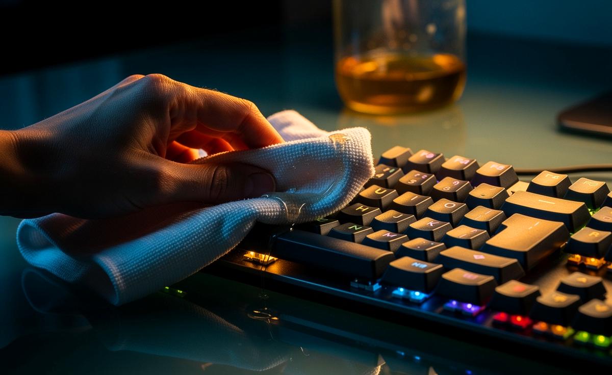 Illustration von einer Hand, die mit einem in Essig getränkten Tuch über die Tasten einer mechanischen Tastatur wischt.